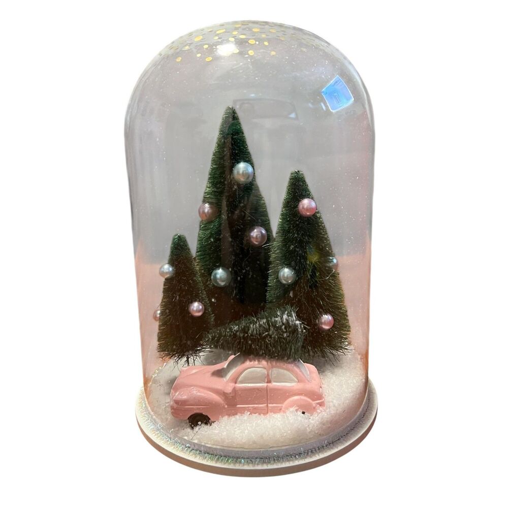 Merry Moments Snowglobe Cloche Pink Car Bottle Trees Christmas Tabletop Decor